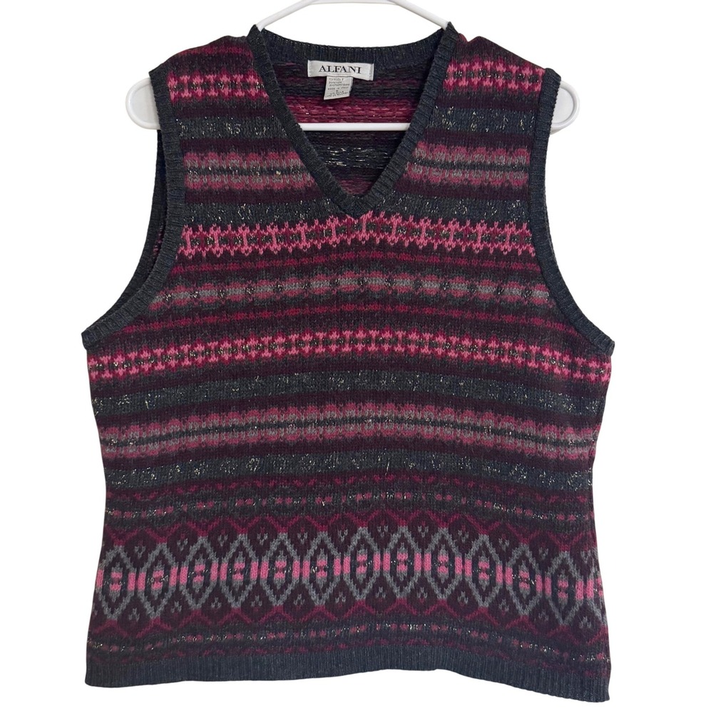 Vintage Alfani Italian Wool Blend Fair Isle Metallic Knit Vest L